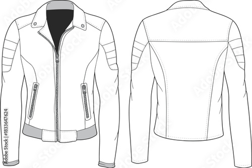 Women motorcycle jacket flat sketch, fashion technical drawing, vector illustration, apparel template, CAD clothing outline, garment design, leather outerwear style