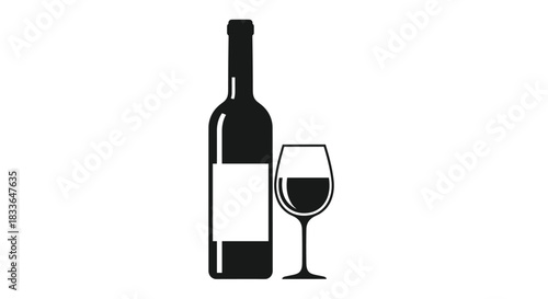 Black silhouette icon of a bottle of wine with a blank label and a full glass, isolated on a clean white background.