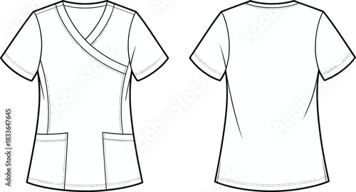 Women scrub top, medical uniform, nurse apparel, fashion flat sketch, apparel technical drawing, garment construction, clothing design, vector outline, CAD illustration