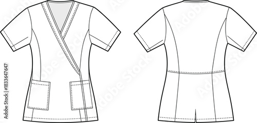 Women scrub top technical flat sketch, front and back view, V neckline mock wrap design, medical uniform apparel, CAD drawing flat vector illustration