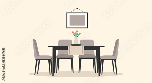 Modern and elegant dining room interior with a table set for four people, a vase of flowers, and a picture on the wall.