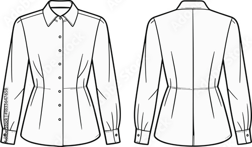 Women shirt fashion flat sketch, technical clothing illustration, vector apparel design, CAD drawing template, garment outline, casual wear, formal style illustration