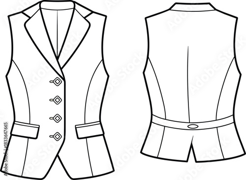Women tailored vest flat sketch, fashion technical drawing, garment design template, apparel vector illustration, clothing construction detail, notched lapel collar buttons
