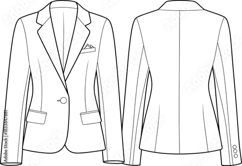 Women’s blazer technical fashion flat sketch, single breasted jacket front back view, cad drawing vector illustration