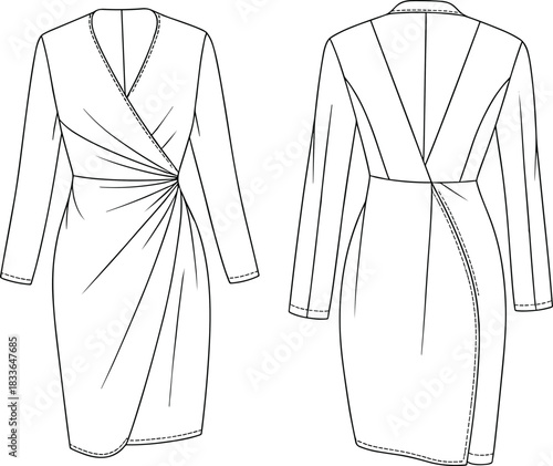 Women wrap dress flat sketch, long sleeve fashion technical drawing, garment design template, apparel vector illustration, clothing construction detail, asymmetrical hemline