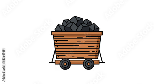 Wooden mine cart on railway tracks filled with a pile of black coal, representing the mining industry and fuel resources.