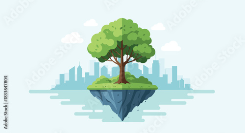 Green tree growing on a floating island of earth above the water with a city skyline in the background, symbolizing ecology.
