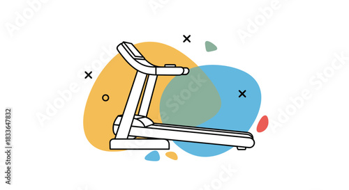 Artistic outline illustration of a treadmill machine set against a background of colorful abstract fluid shapes and doodles.