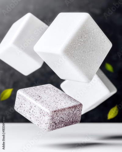 Close-up of several geometric cubes floating against a dark background, with a few green leaves.