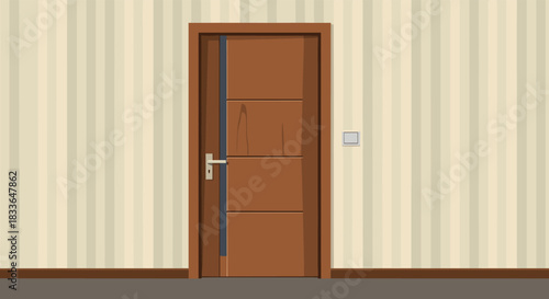 Modern wooden interior door with a metal handle set in a wall with striped wallpaper, viewed from inside a room or hallway.