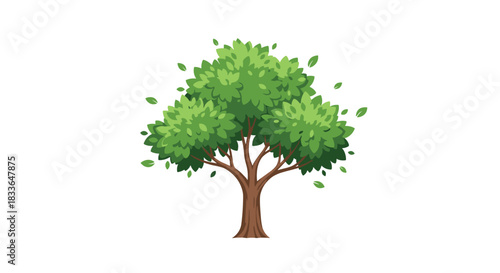 Beautiful cartoon illustration of a lush green deciduous tree with leaves blowing in the wind, isolated on a white background.