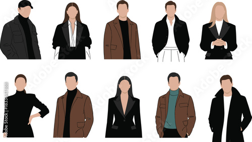 Fashion, illustration, cartoon, people, stylish, outfits, jackets, coats, blazers, turtlenecks, tops, casual, formal, trendy, clothing, design, layering, character, diversity, inspiration