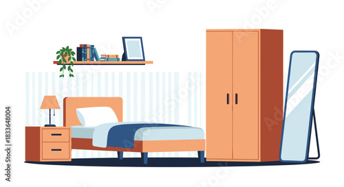 Cozy bedroom interior with a comfortable bed, nightstand, wardrobe, and a full-length mirror, creating a peaceful space.