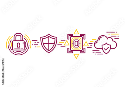 Modern line art icons representing the flow of digital security, including encryption, defense, biometric authentication, and secure cloud services