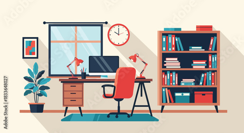 Modern and stylish home office workspace with a computer on a desk, a comfortable chair, a bookshelf, and a large window.