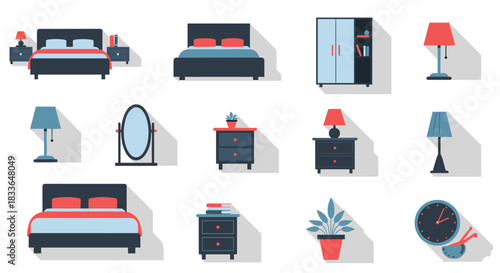 Set of modern bedroom furniture icons with long shadows, including beds, nightstands, wardrobes, lamps, and a houseplant.