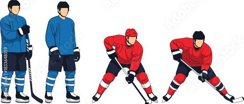 Ice, hockey, players, cartoon, illustration, red, blue, jerseys, helmets, skates, sticks, action, team, sport, competition, posture, crouch, standing, game, athlete