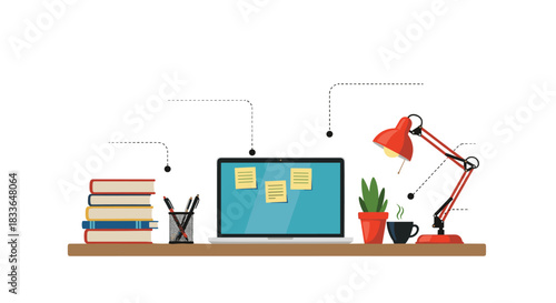 Modern workspace illustration with a laptop showing sticky notes, a stack of books, a desk lamp, and a coffee cup.