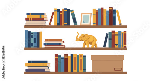 Three wooden bookshelves filled with colorful books, a picture frame, a decorative elephant, and a storage box.