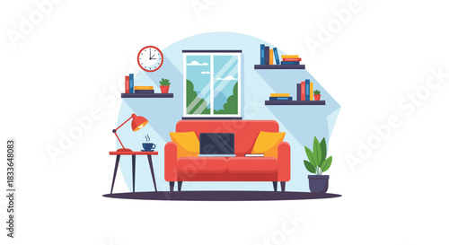 Cozy living room or home office space with a red sofa, a laptop, and bookshelves, creating a comfortable work environment.
