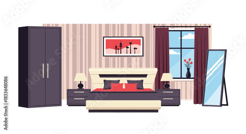 Elegant and modern bedroom interior with a large bed, a dark wardrobe, a full-length mirror, and a window with curtains.