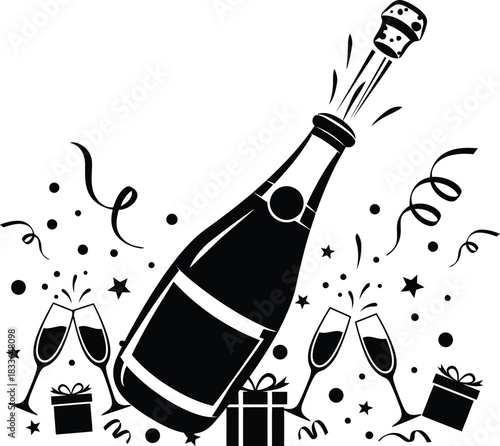 Celebration Champagne Bottle with Sparkles, Party Decorations, and Gift Boxes