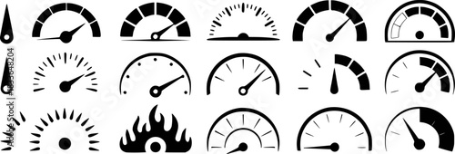 Collection of black and white speedometer and gauge icons with varying designs