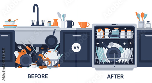 Before and after comparison of a messy kitchen sink full of dirty dishes versus a clean and organized dishwasher.