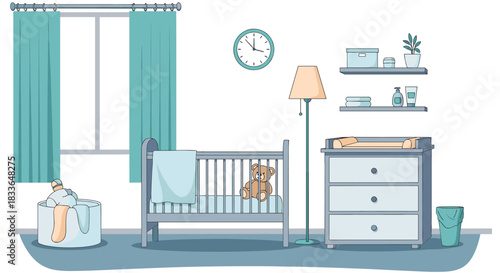 Cozy and well-equipped nursery room interior in blue tones with a baby crib, changing table, and a window with curtains.