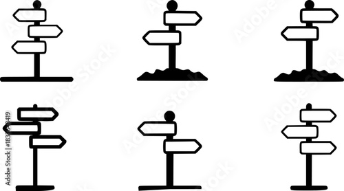 Collection of Black and White Directional Signpost Icons with Blank Arrows