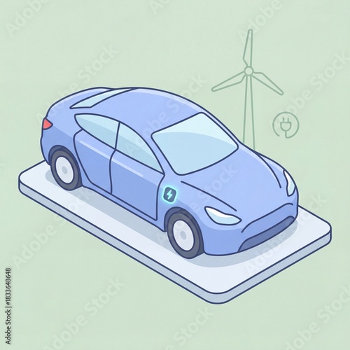 Flat Design Modern Electric Car Illustration, Sustainable EV Technology Icon