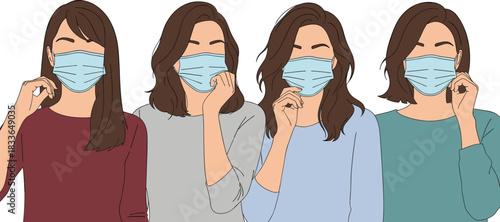 People wearing surgical masks properly, health safety illustration, face mask usage, pandemic protection, hygiene practice, medical precaution, awareness