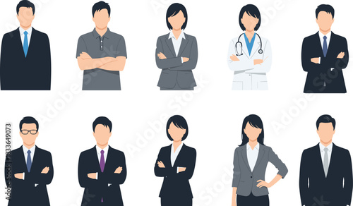 Professional people in diverse business attire, corporate outfits, medical uniform, formal suits, workplace diversity, career roles, office fashion, illustration