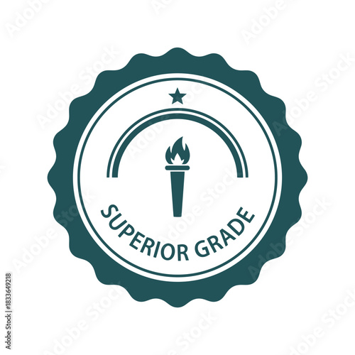 Superior grade teal quality certification badge with torch & star Vector