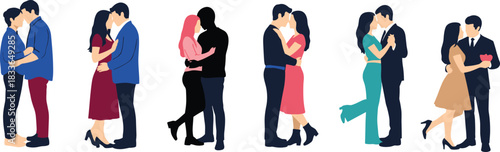 Romantic couples in affectionate poses, love illustration, relationship concept, hugging, dancing, holding hands, emotional connection, Valentine theme