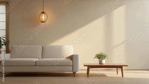 minimal interior design room with sofa, low table, Decoration plant and japan style design Hanging lamp light in wall.3D rendering interior design. Modern living room Japanese style.3D rendering