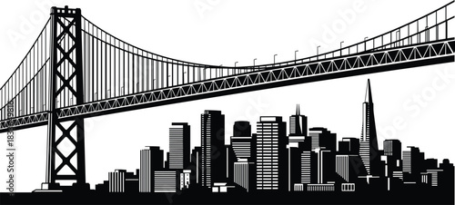 Suspension bridge and city skyline silhouette, San Francisco architecture, urban infrastructure, iconic landmark, black and white illustration