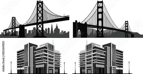Suspension bridges and modern buildings illustration, urban architecture, city skyline, infrastructure design, mirrored structures, engineering concept, silhouette art