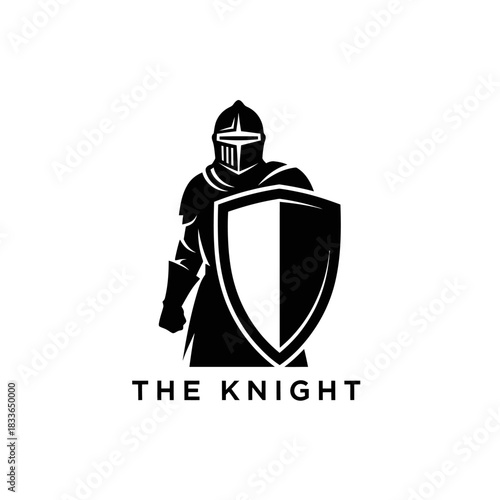 Black and white silhouette logo of a medieval knight holding a shield vector template design