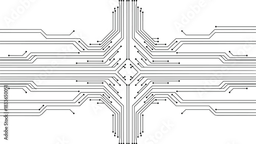 Symmetrical PCB layout design, electronic circuit board, signal routing pattern, high-speed interconnect, tech schematic, engineering visual, precision trace