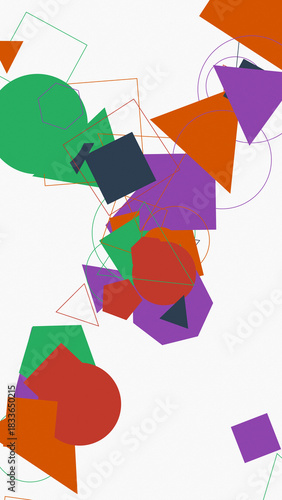 Geometric Symphony: A vibrant abstract composition showcasing a playful dance of various colorful geometric shapes. Experience the harmony of forms and hues in a captivating arrangement.