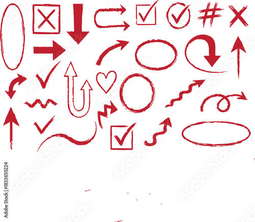 Hand drawn red grunge arrows and shapes collection for design elements