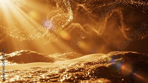Abstract gold particles with radiant light rays and textured terrain creating a dreamy atmosphere