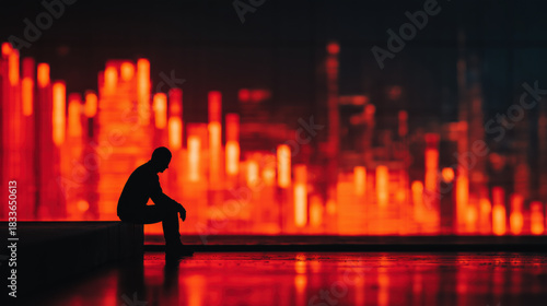 Silhouette man sitting alone, red financial chart background, economic recession fear, chaos, stress, urban night mood