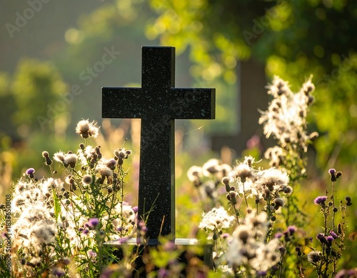 Black cross in sunlight amidst wildflowers at a cemetery