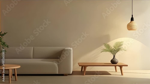 minimal interior design room with sofa, low table, Decoration plant and japan style design Hanging lamp light in wall.3D rendering interior design. Modern living room Japanese style.3D rendering