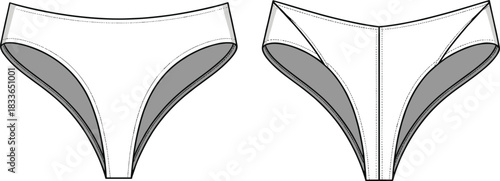 CAD drawing flat vector illustration, bikini underwear front and back view, fashion technical sketch, garment design template, lingerie outline