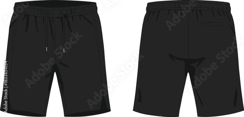 cad drawing flat vector illustration, black athletic shorts front back view, fashion sketch, technical apparel design, sportswear template