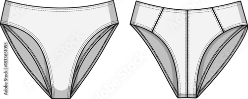 CAD drawing flat vector illustration, bikini underwear technical sketch, fashion garment construction, seam detail, structured fit, apparel design blueprint