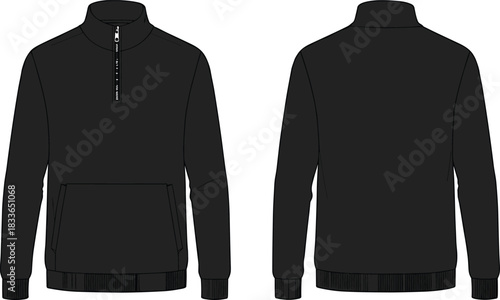 cad drawing flat vector illustration, black pullover sweatshirt front back view, fashion sketch, kangaroo pocket, technical garment design template